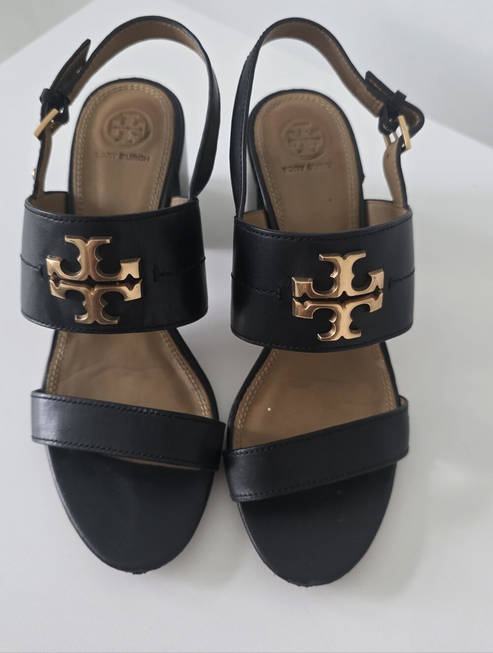Tory Burch Black Leather Gold Logo Block Heel Sandals - Picture 4 of 9